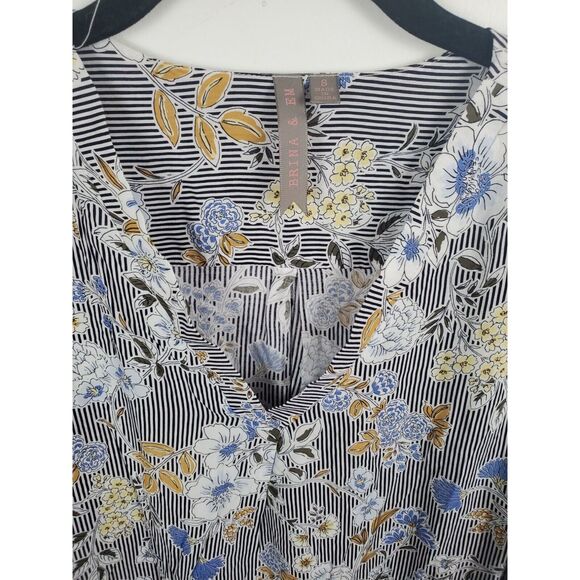 Brina & Em Blouse Small Womens Roll Tab Sleeve V Neck Multicolor Flowy Floral - Picture 2 of 6